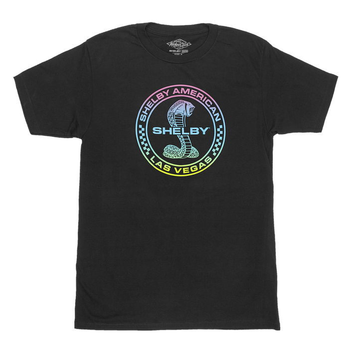 Black graphic shirt with the Shelby American Cobra in rainbow gradient