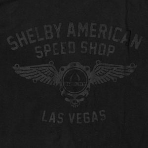 Close up of Shelby American Speed Shop Las Vegas black graphic tee