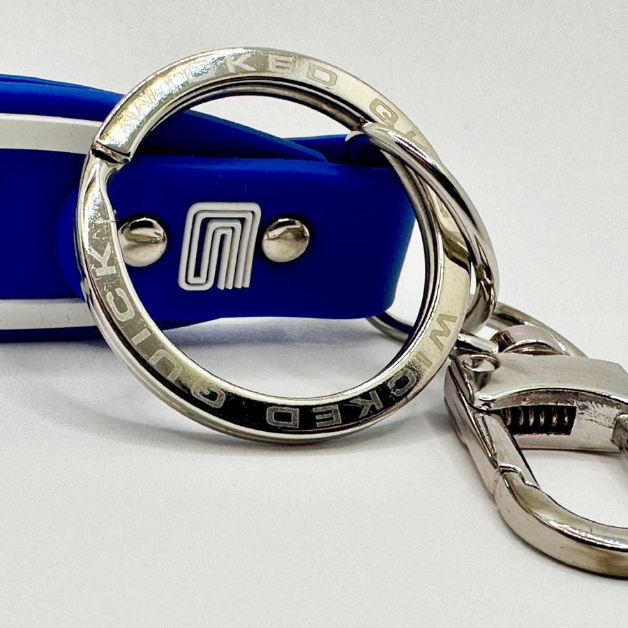 Close up of key ring on a blue and white Shelby Cobra lanyard