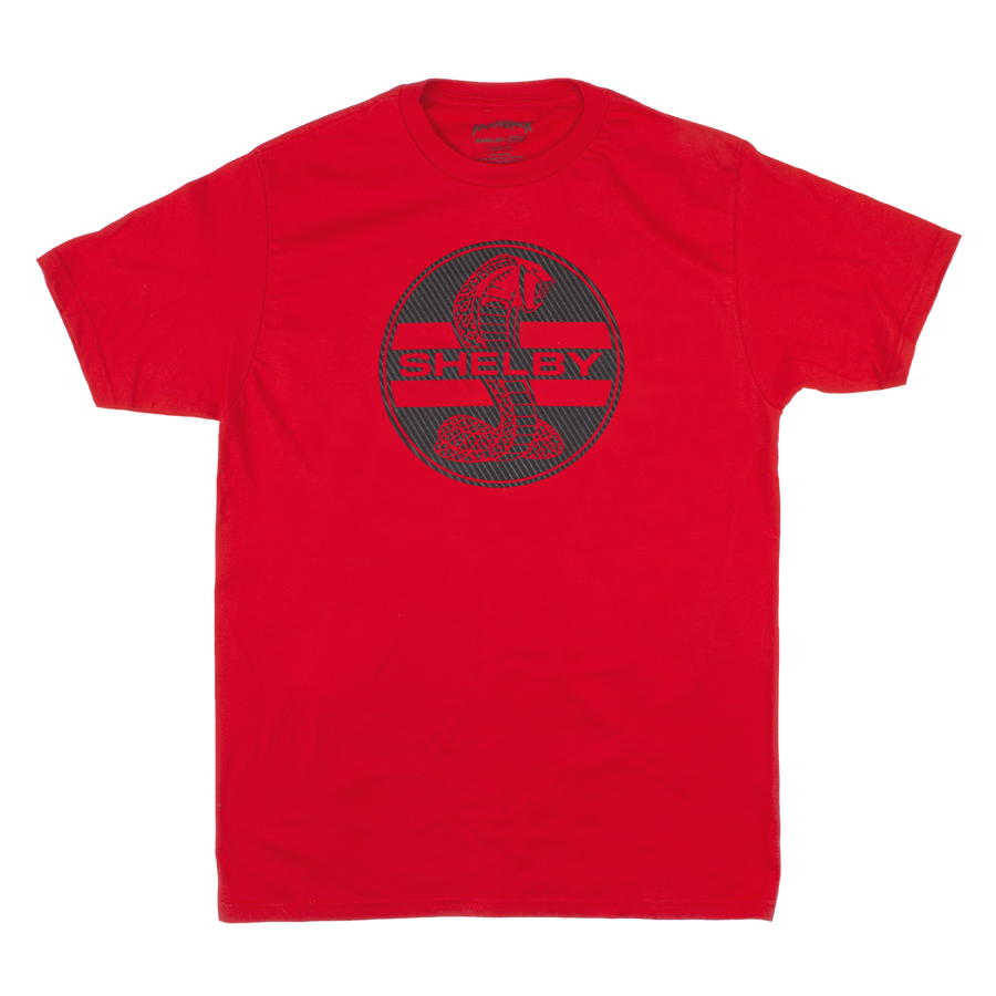 Red graphic tee with the Shelby Cobra logo in black