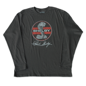 Red Shelby Cobra logo on a long sleeve graphic shirt in gray