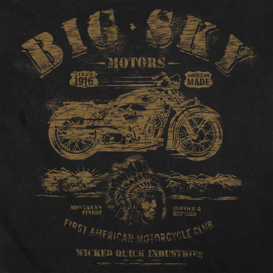 Close up of Big Sky Motors black and gold graphic motorcycle shirt