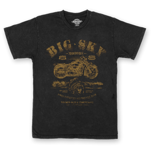 Big Sky Motors black and gold graphic motorcycle shirt