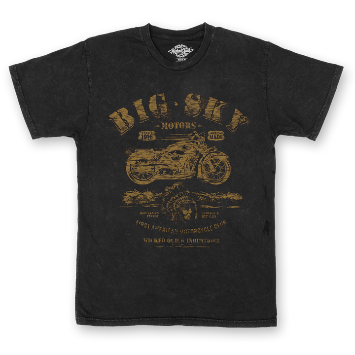 Big Sky Motors black and gold graphic motorcycle shirt
