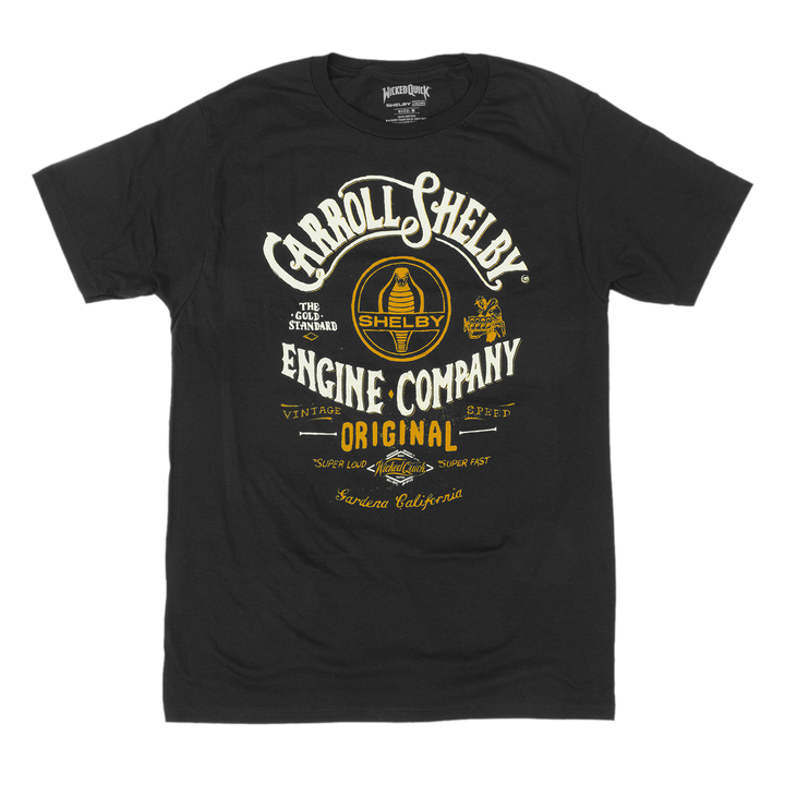 Shelby Engine Company black car shirt with white and gold graphic