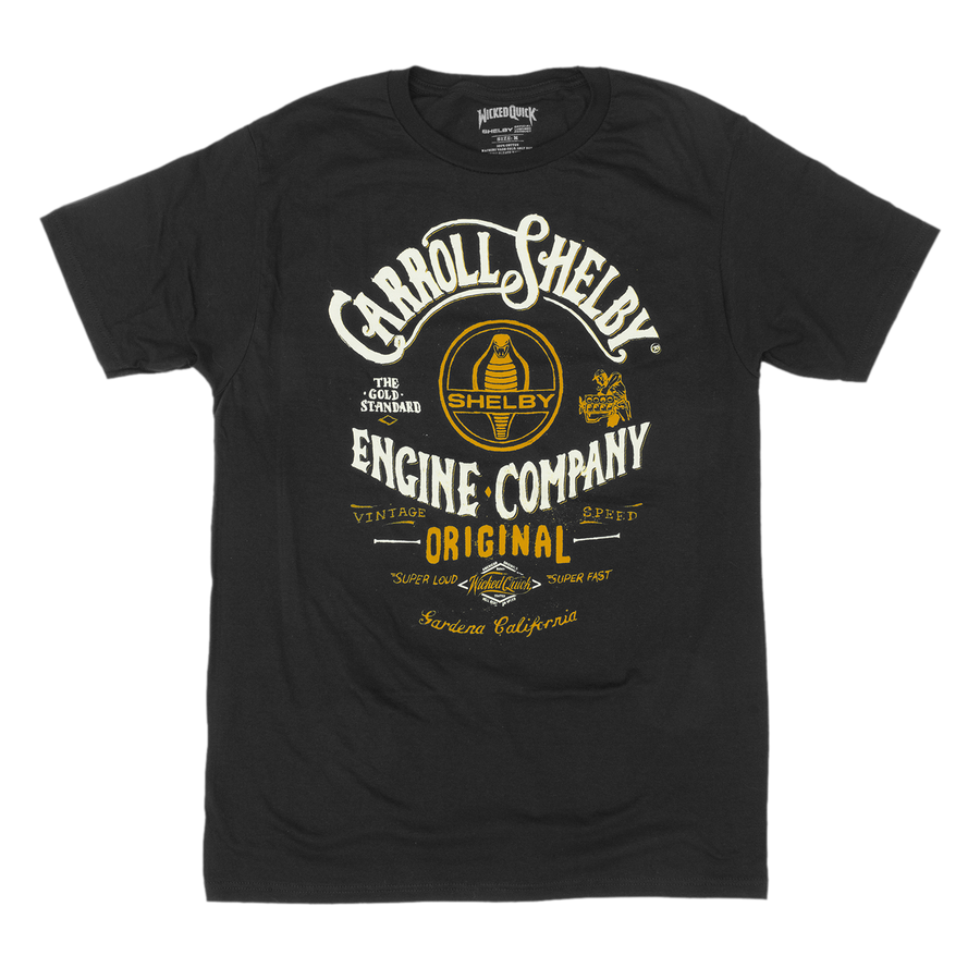 Shelby Engine Company black car shirt with white and gold graphic
