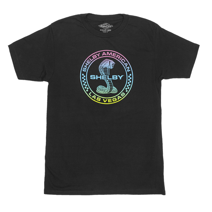 Black graphic shirt with the Shelby American Cobra in rainbow gradient