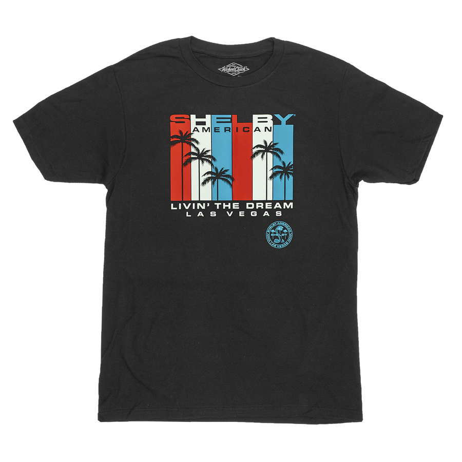 Black shirt with a "Shelby American Livin' The Dream" graphic in red, white and blue