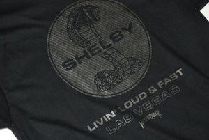 Close up of Carbon Fiber Shelby Cobra Shirt with "Livin' Loud & Fast Las Vegas"