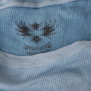 Pale blue thermal long sleeve shirt close up of collar
