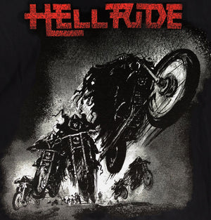 Close up of Hell Ride motorcycle shirt with black and red graphics