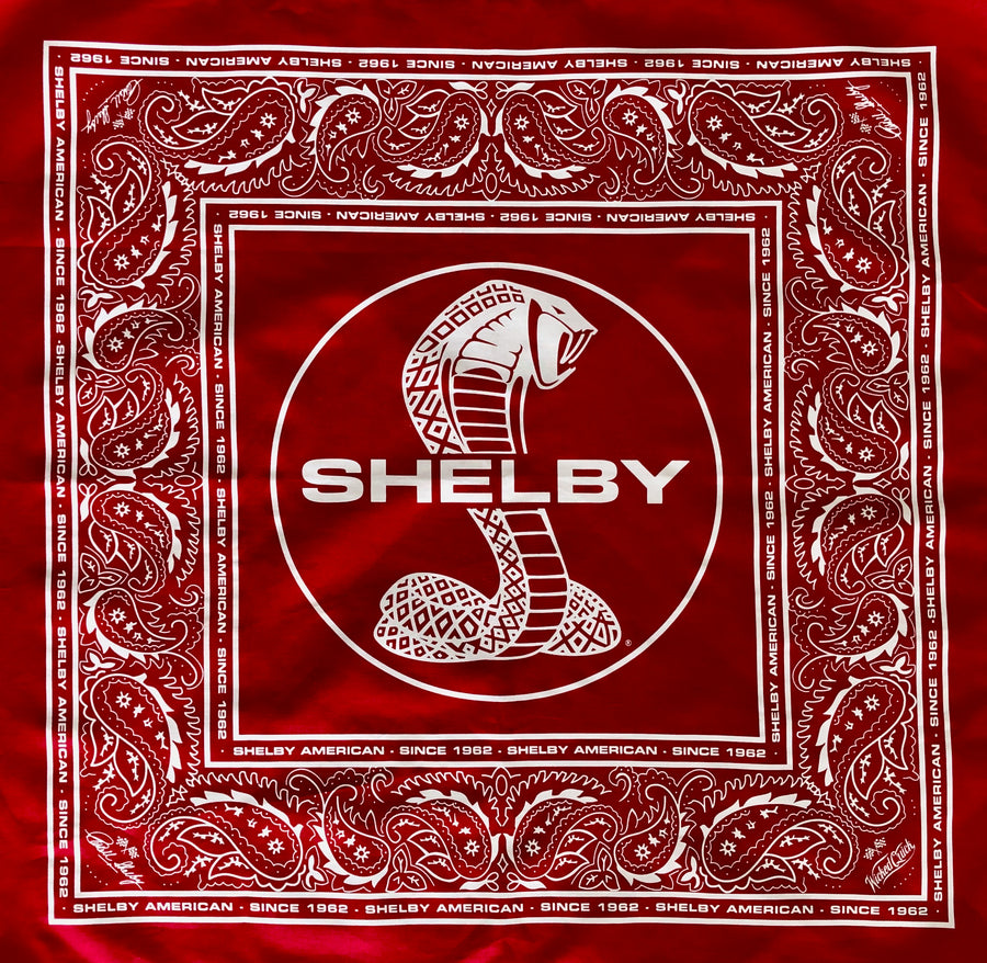 Red Shelby Cobra bandana with white paisley – full view