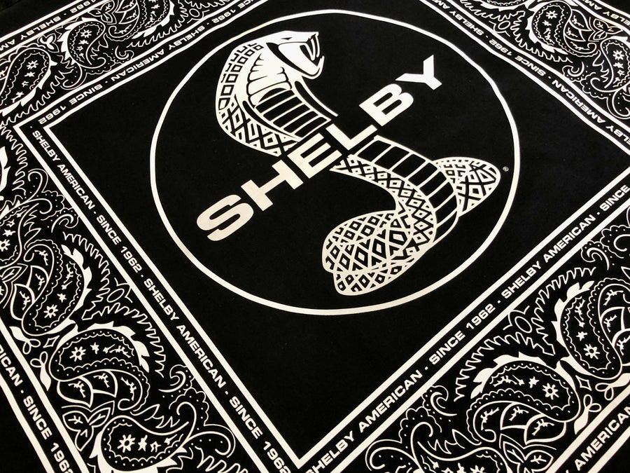 Black and white Shelby Cobra bandana in paisley – close up 