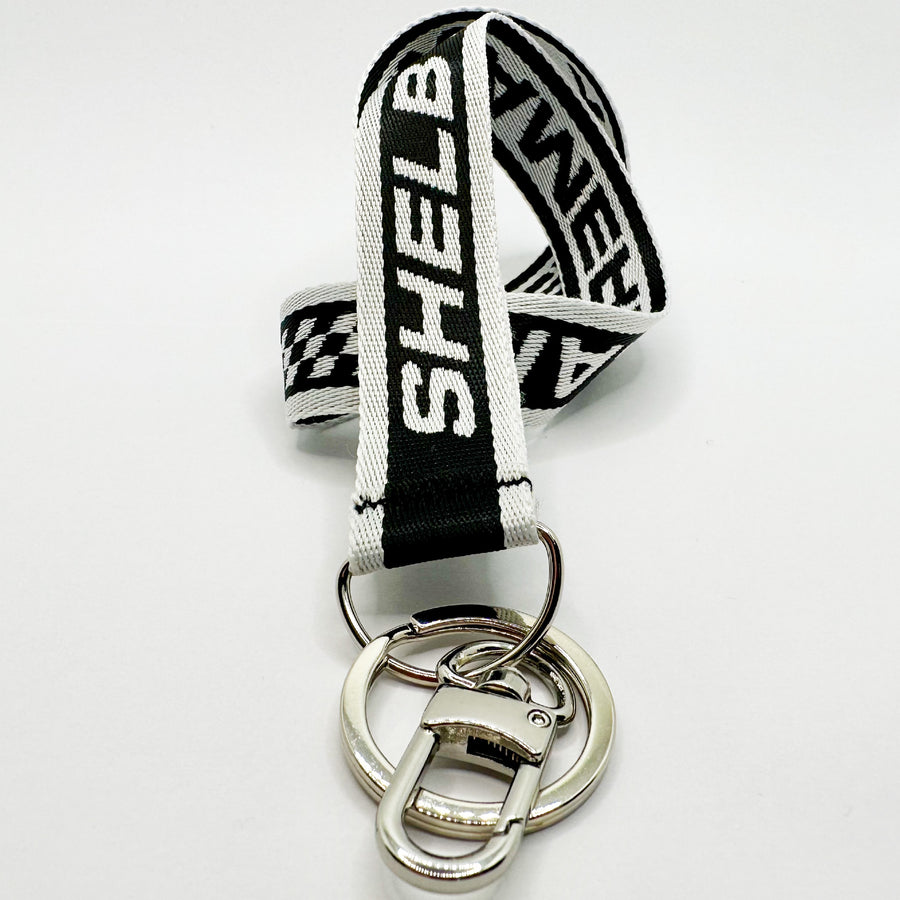Top view of Shelby Cobra lanyard for keys in black and white