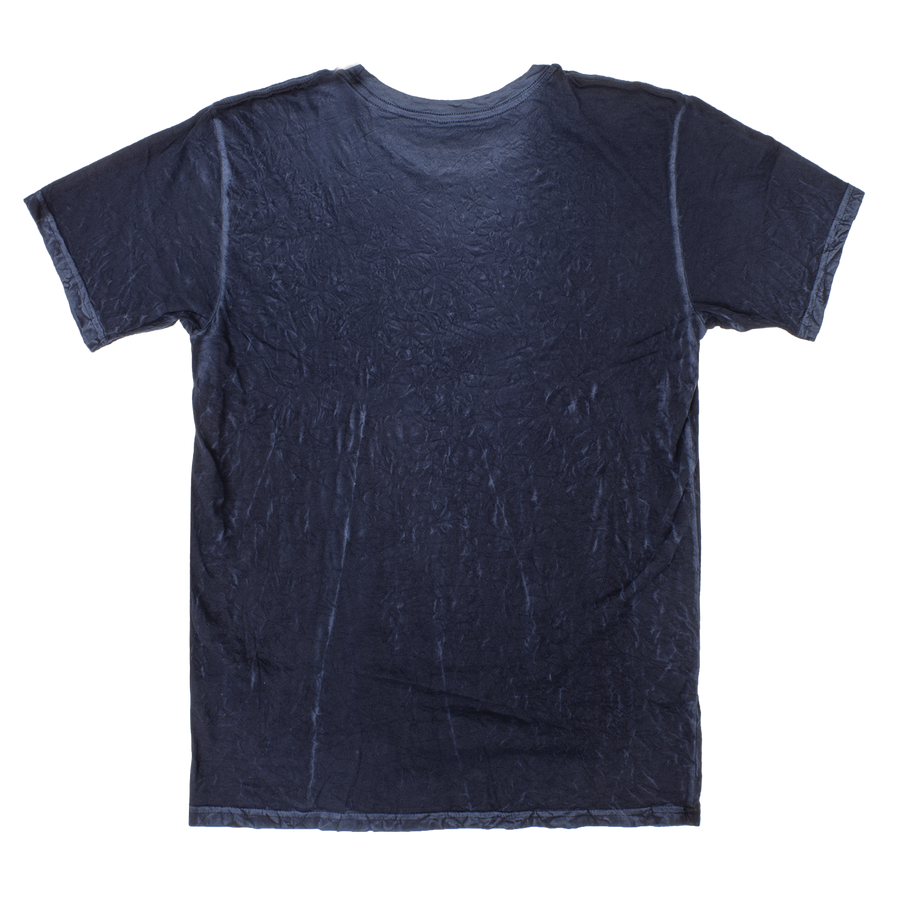 Navy crew neck t shirt in crinkle cotton back side view