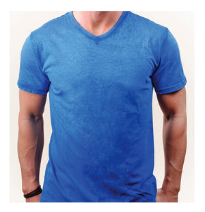 Front view of a man wearing a bright blue v neck t shirt