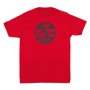 Red graphic tee with the Shelby Cobra logo in black