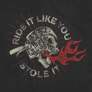 Close up of a Ride It Like You Stole It black graphic shirt by Wicked Quick