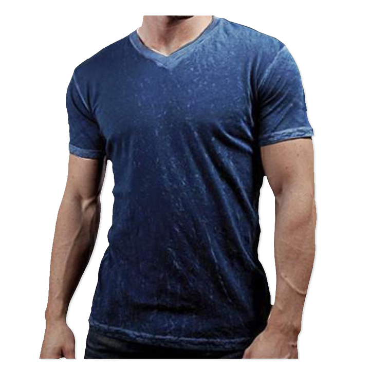 Man wearing a blue v neck t shirt