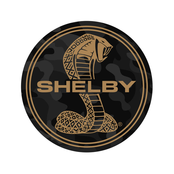 Black and gold with camouflage pattern decal displaying the Shelby Cobra