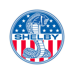 American flag inspired sticker featuring the Shelby Cobra against the stars and stripes