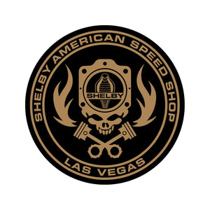 Black and gold Shelby American Speed Shop sticker with a skull, gasket, flames and a Shelby Cobra