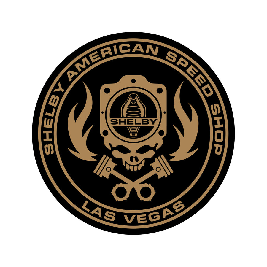 Skull, flame, gasket with Shelby Cobra – black and gold sticker
