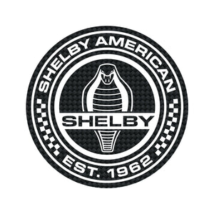 Black and white with carbon fiber pattern decal displaying Shelby American Est. 1962 and the Cobra