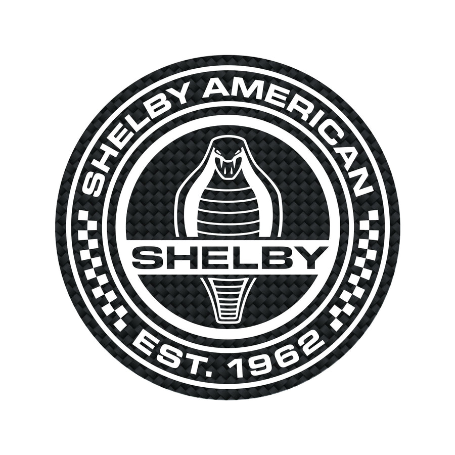 Black and white with carbon fiber pattern decal displaying Shelby American Est. 1962 and the Cobra