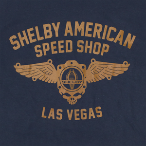 Close up of Shelby American Speed Shop Las Vegas blue graphic tee