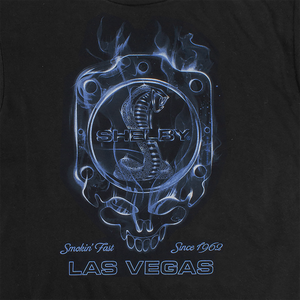 Close up of Shelby Smokin Fast black graphic shirt