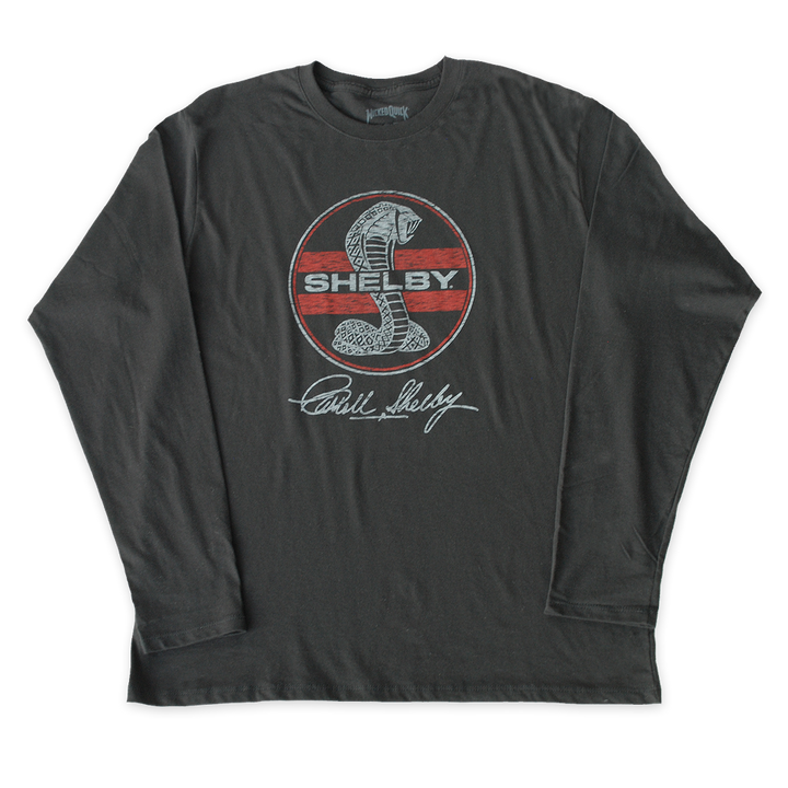Red Shelby Cobra logo on a long sleeve graphic shirt in gray