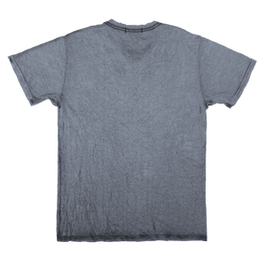 back side of a silver v neck crinkle shirt