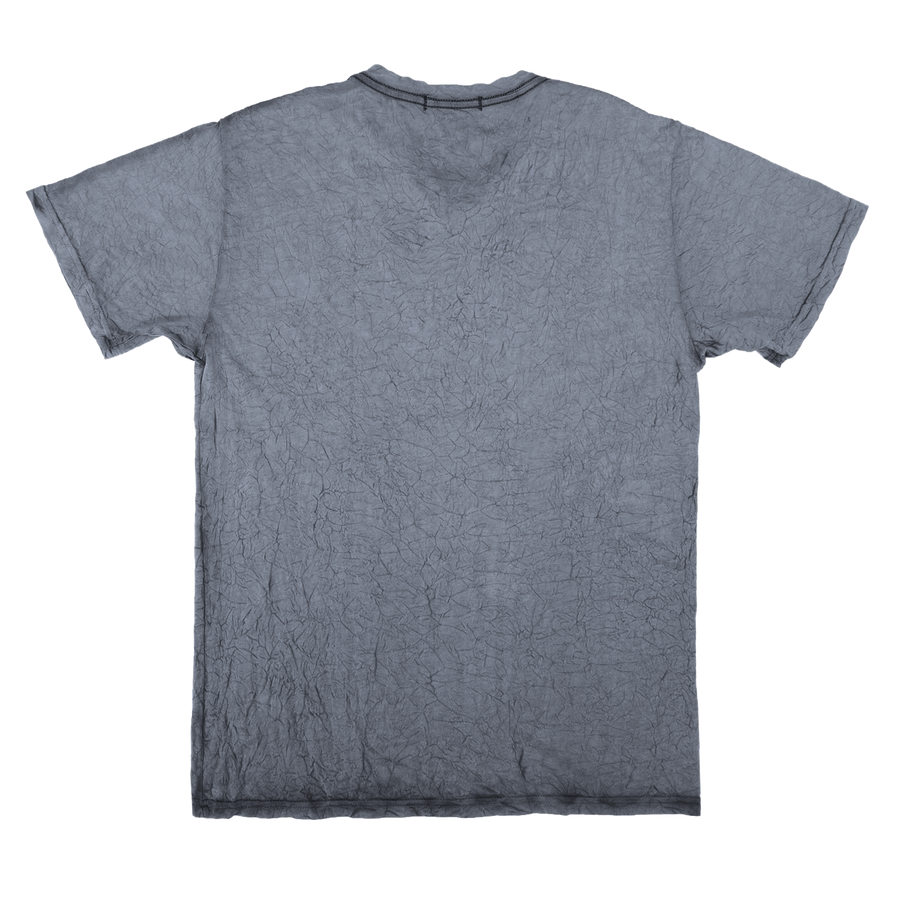 back side of a silver v neck crinkle shirt