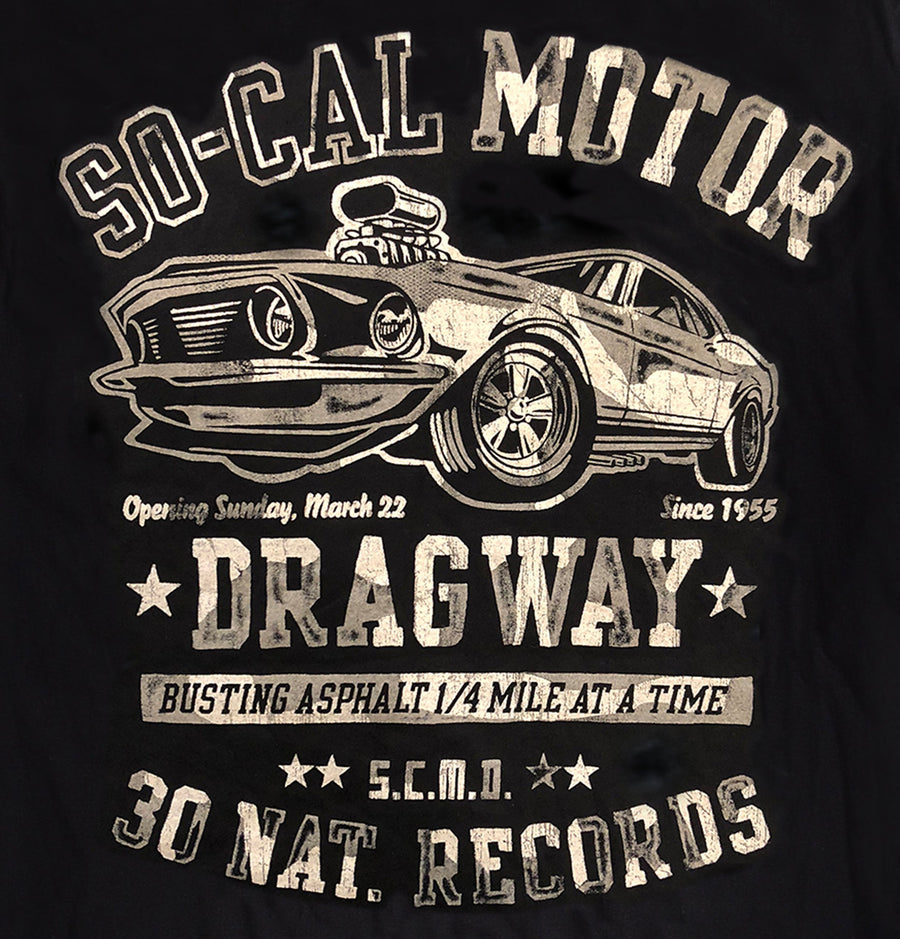 Close up of So Cal Motor Dragway t shirt