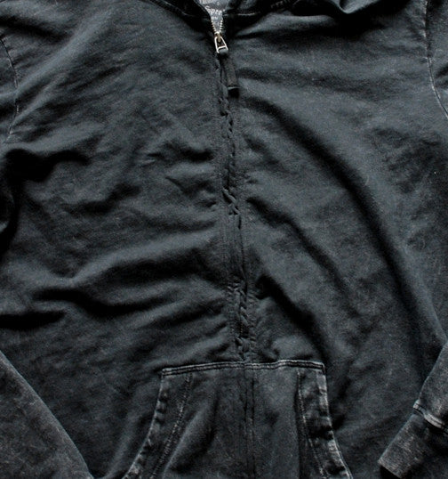 Close up of zipper and pockets on a black French Terry hoodie in size 3XL