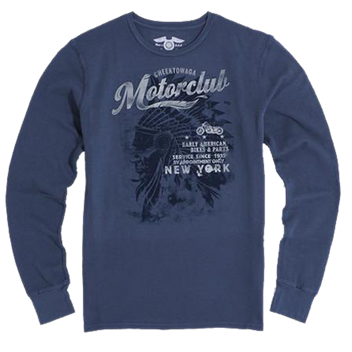 Blue long sleeve graphic t-shirt for men with Cheektowaga Motorclub graphic