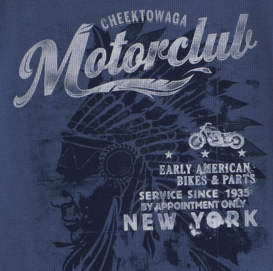 Close up of blue long sleeve graphic t-shirt for men with Cheektowaga Motorclub graphic