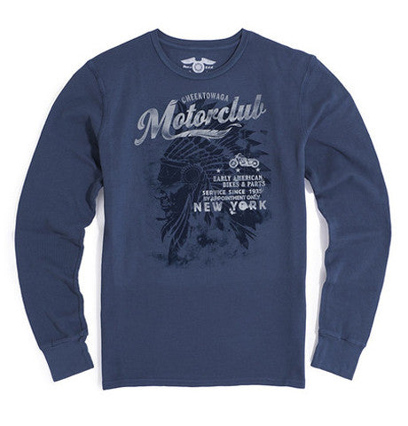 Thumbnail of Close up of blue long sleeve graphic t-shirt for men with Cheektowaga Motorclub graphic