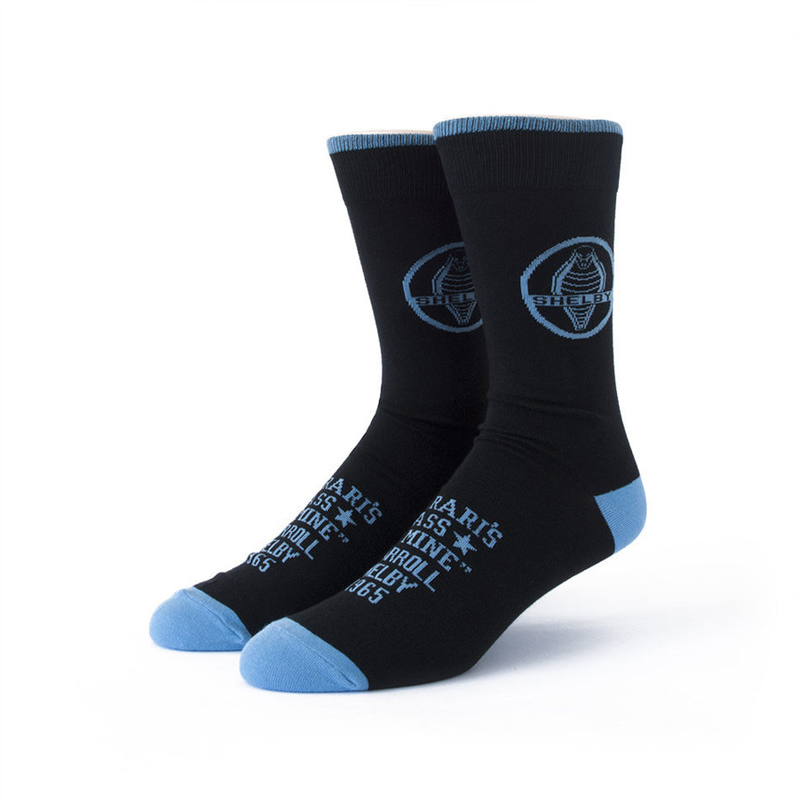 Ferrari's Ass Is Mine – Carroll Shelby quote on graphic car-themed socks in blue and black