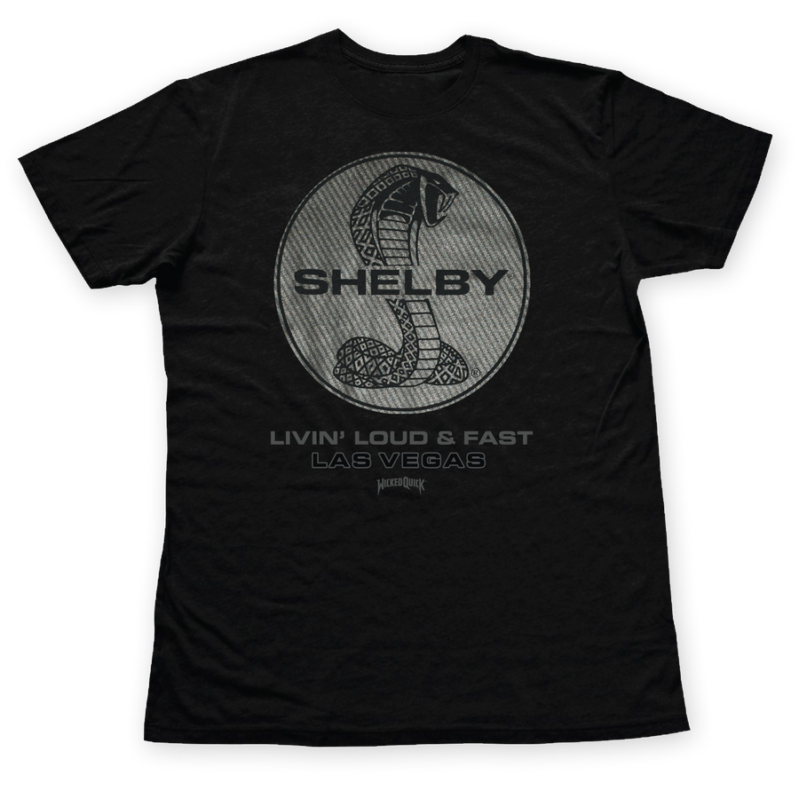 Shelby Livin' Loud & Fast Las Vegas black graphic t shirt with carbon fiber pattern