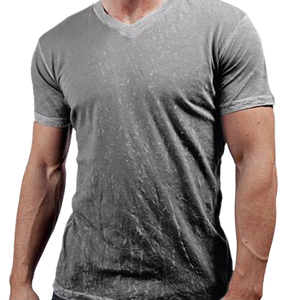 Man wearing a silver v neck crinkle shirt