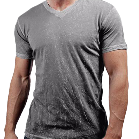 Man wearing a silver v neck crinkle shirt